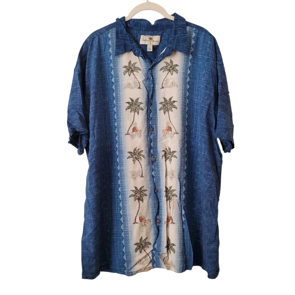 Island Shores Blue and White Palm Tree Button-Up Hawaiian Shirt
